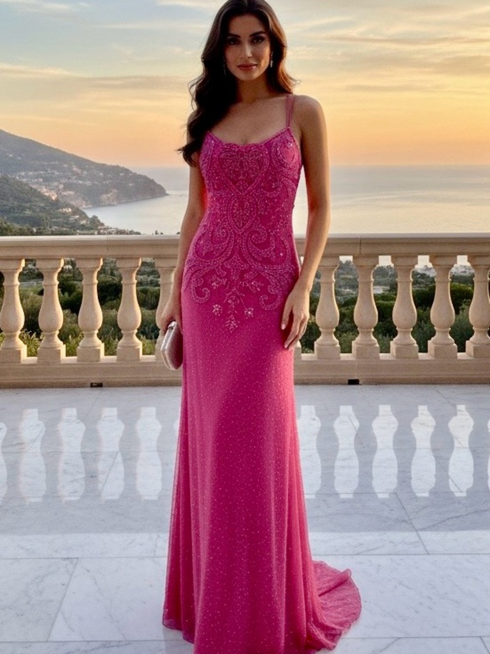 Elegant Beaded hand beaded stretch fabric Pink Evening Gown